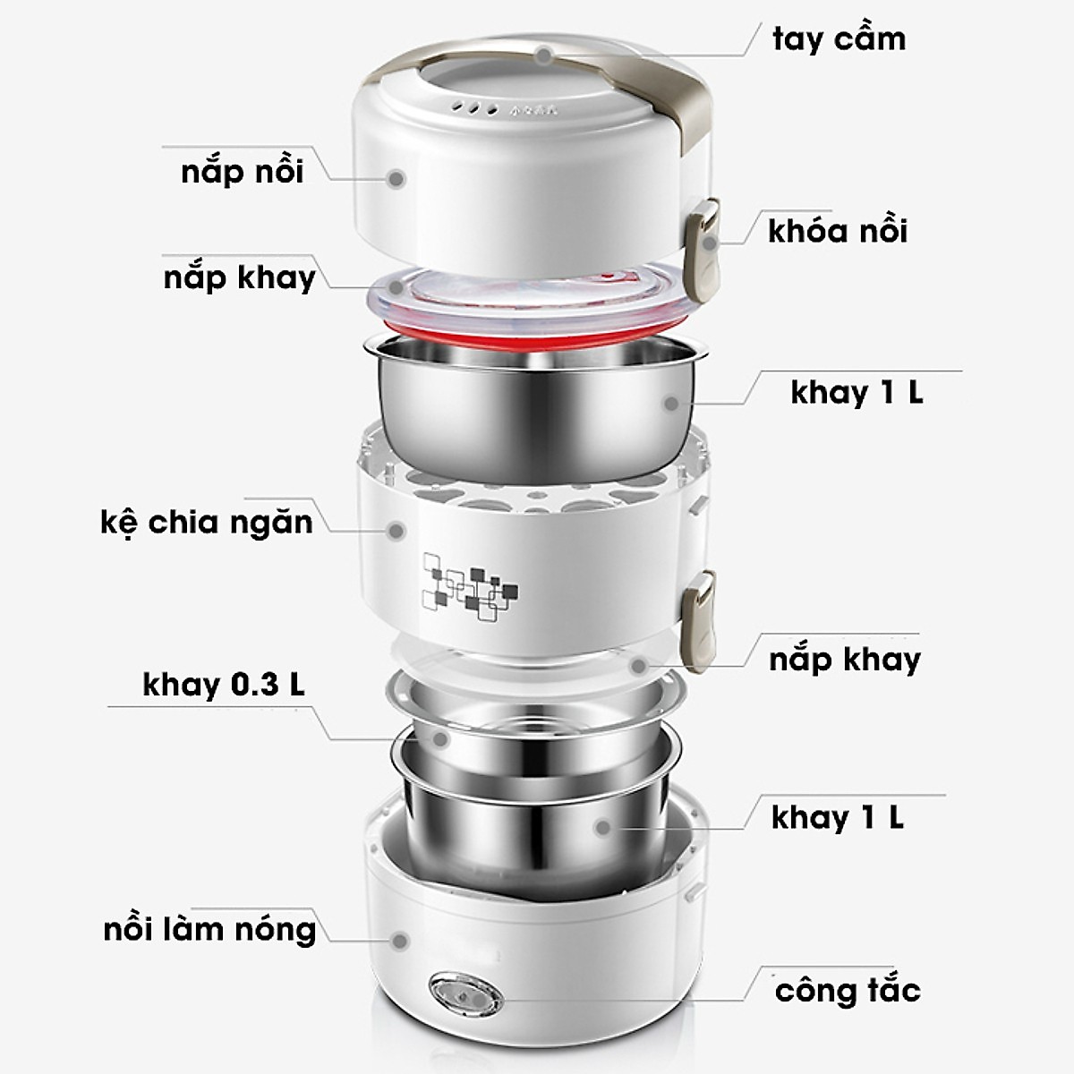 Cặp lồng cơm điện hâm nóng và giữ nhiệt đồ ăn GB600 3 ngăn inox không gỉ thích hợp cho nhân viên văn phòng