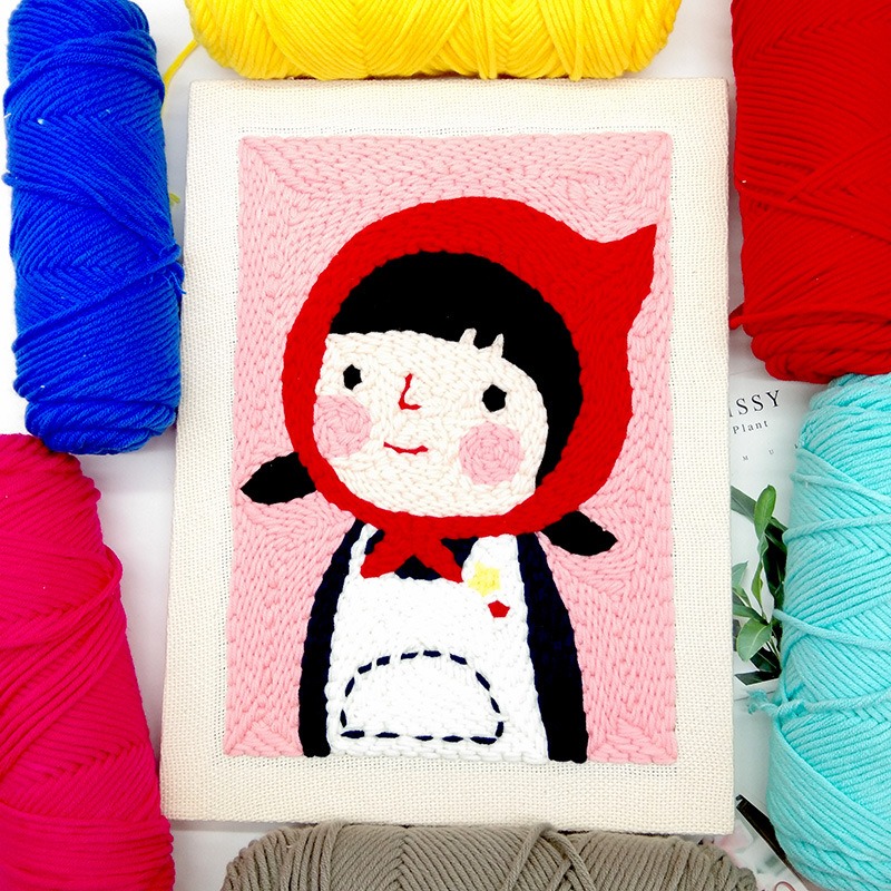 Set Thêu Nổi Thêu Len Xù Em Bé Quàng Khăn Đỏ Dành Cho Người Mới Bắt Đầu | Punch Needle Set Little Red Riding Hood