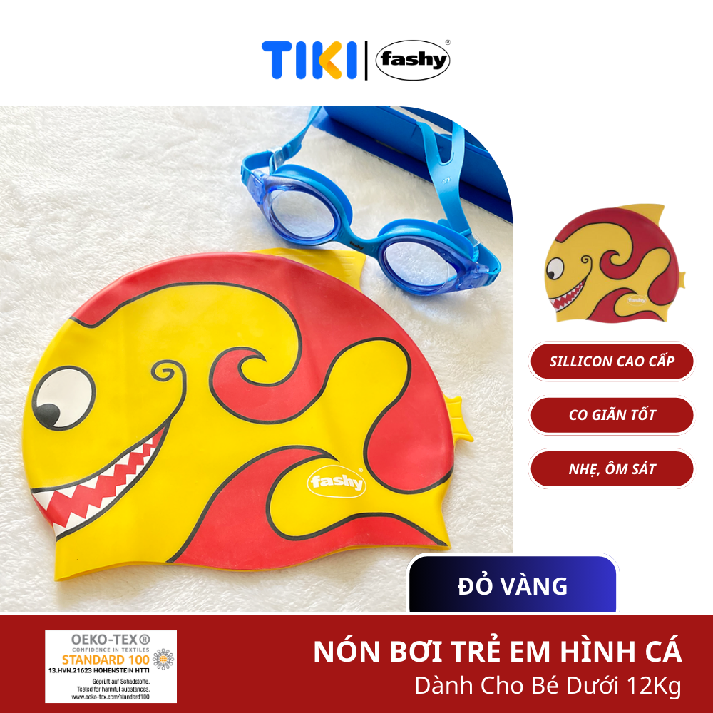 Nón bơi trẻ em cao cấp 100% nhập khẩu từ Đức thương hiệu Fashy tiêu chuẩn chất lượng Châu Âu, chất liệu silicone mềm mại, thiết kế thời trang Freesize dành cho bé trai, bé gái hình cá