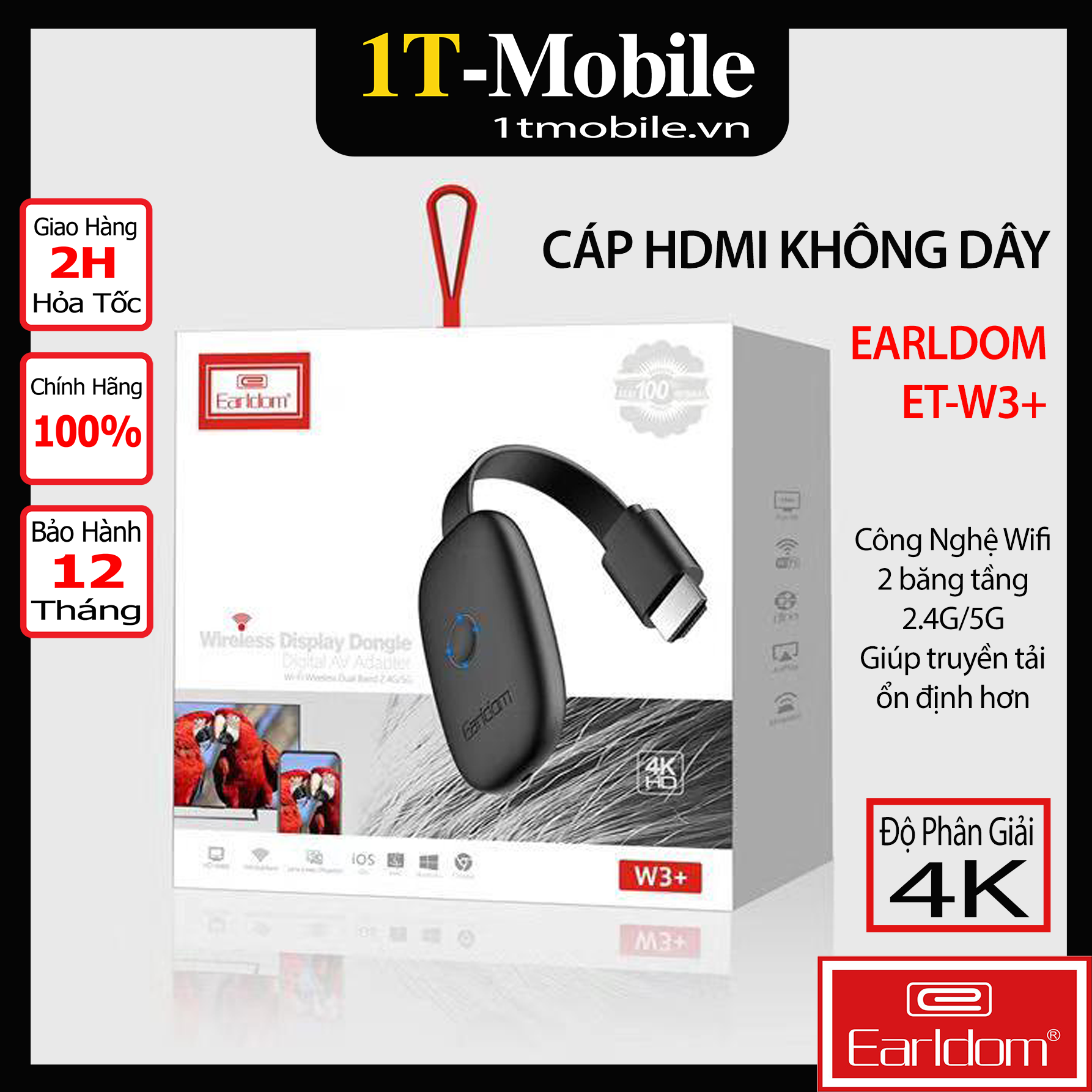 Cáp HDMI không dây Earldom W3+ - Hàng Chính Hãng