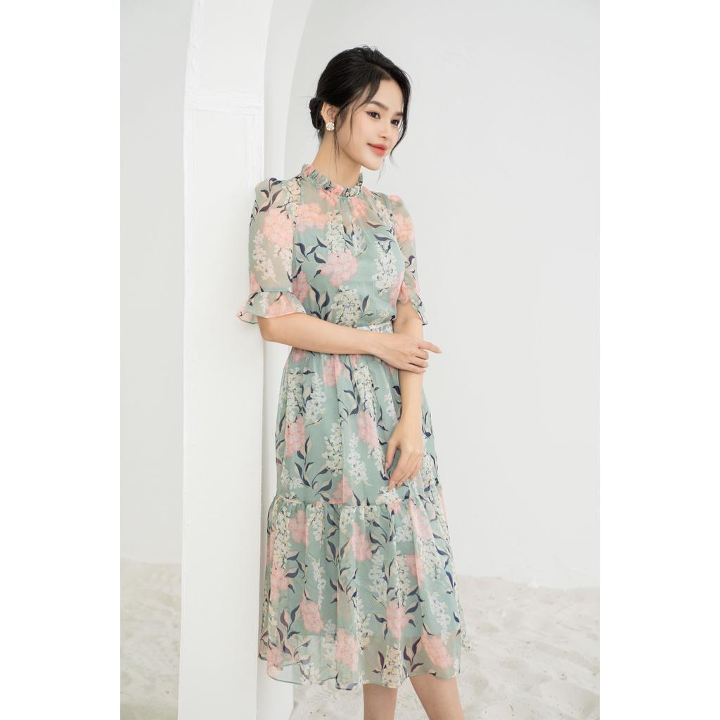 SHEAZ Đầm tơ tay ngắn dáng dài midi nền xanh hoa hồng phong cách Hàn Quốc