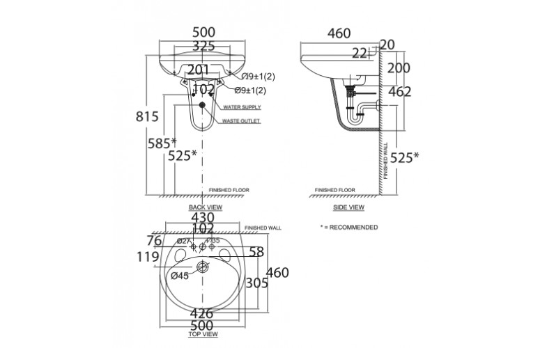 Chậu lavabo treo tường 3 lỗ American Standard VF-0969.3H (Chưa bao gồm chân treo)