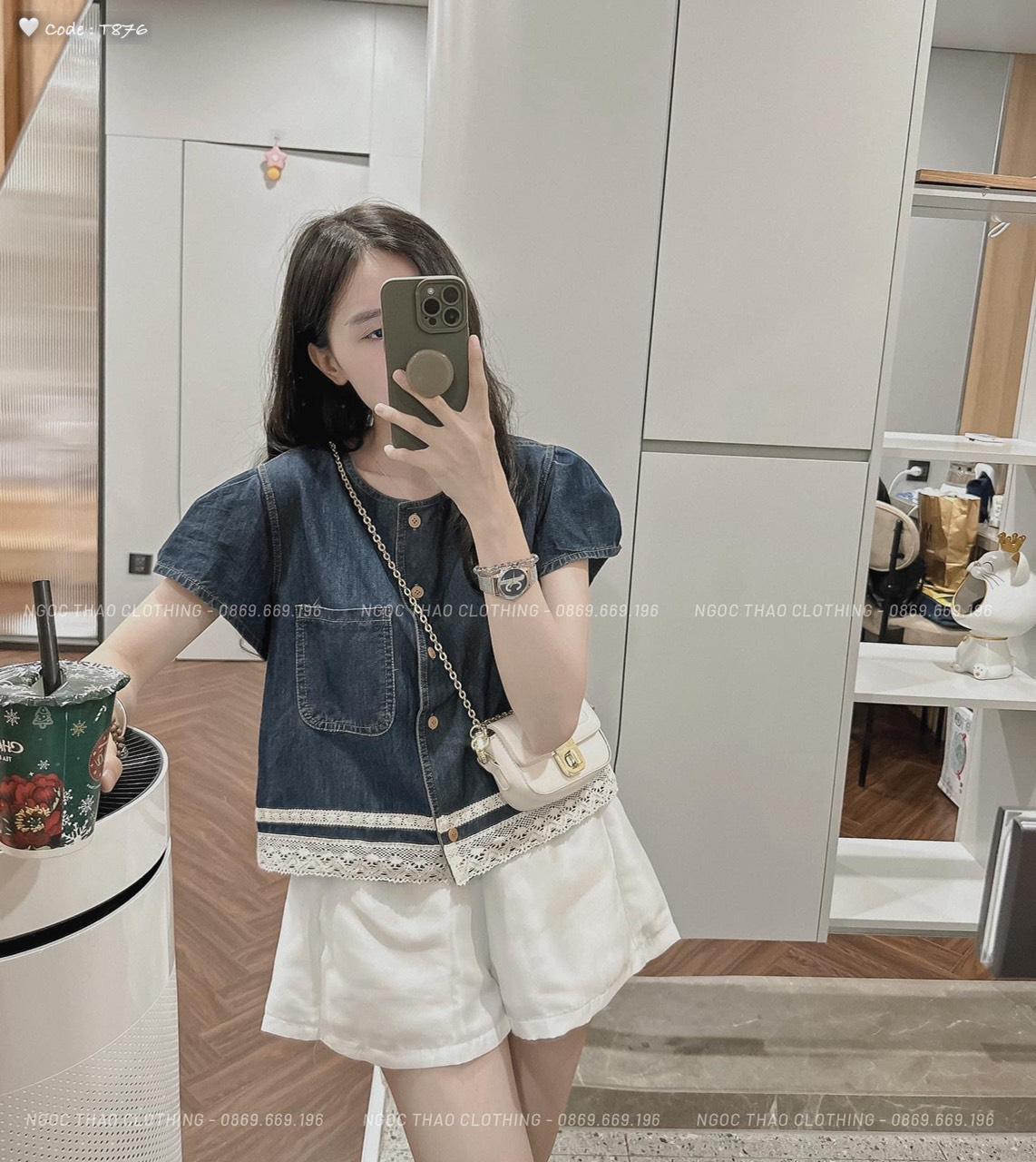 SET ĐI CHƠI, SET 2 MÓN ÁO SƠ MI JEAN TAY NGẮN VIỀN REN PHỐI QUẦN ĐÙI CỰC XINH IU