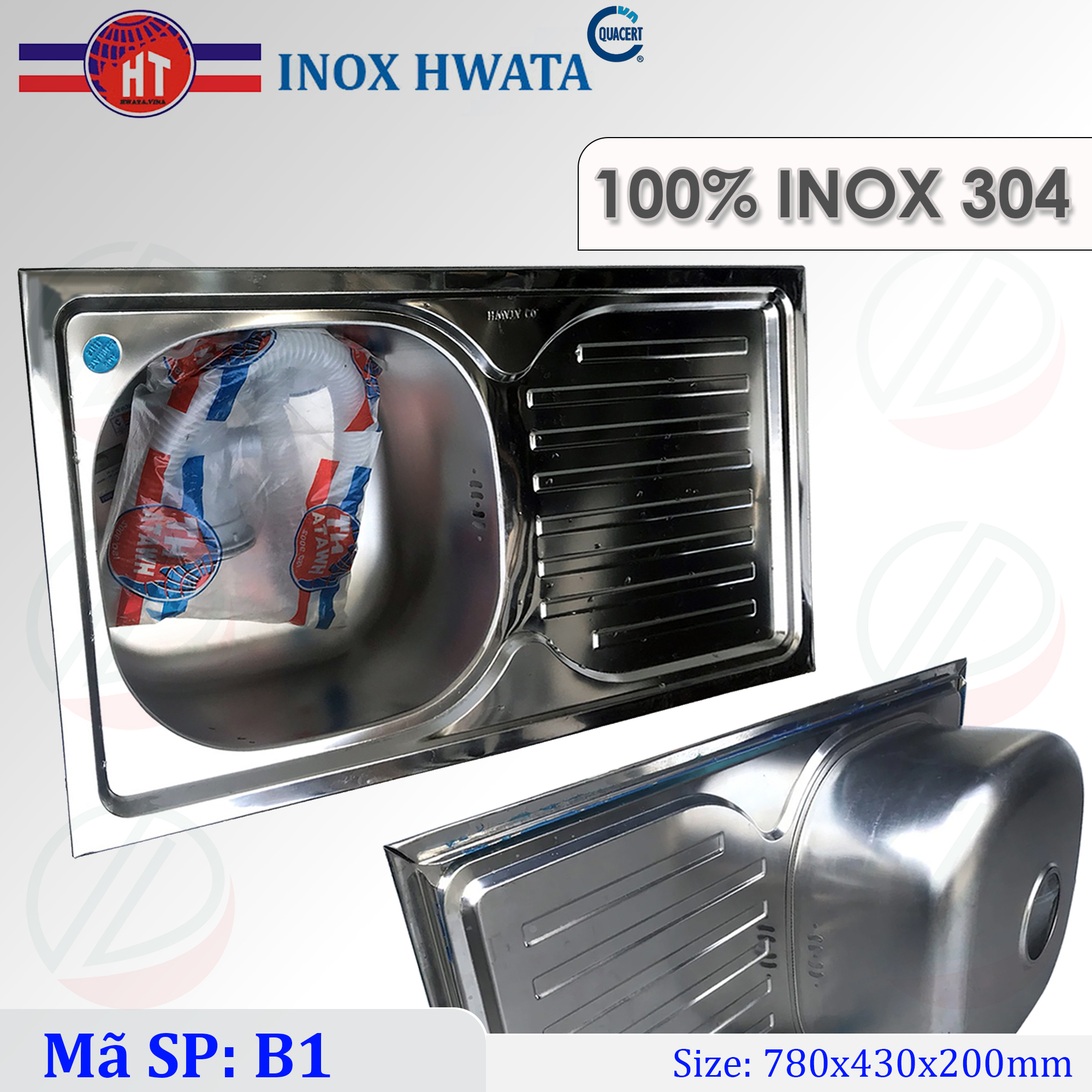 Bộ Chậu Rửa Chén Bát HWATA Inox SUS304 Có Chân Kích Thước 78x43x81cm - Chậu chính hãng kiểu 1 hộc có bàn rộng rãi, đầy đủ xi phông