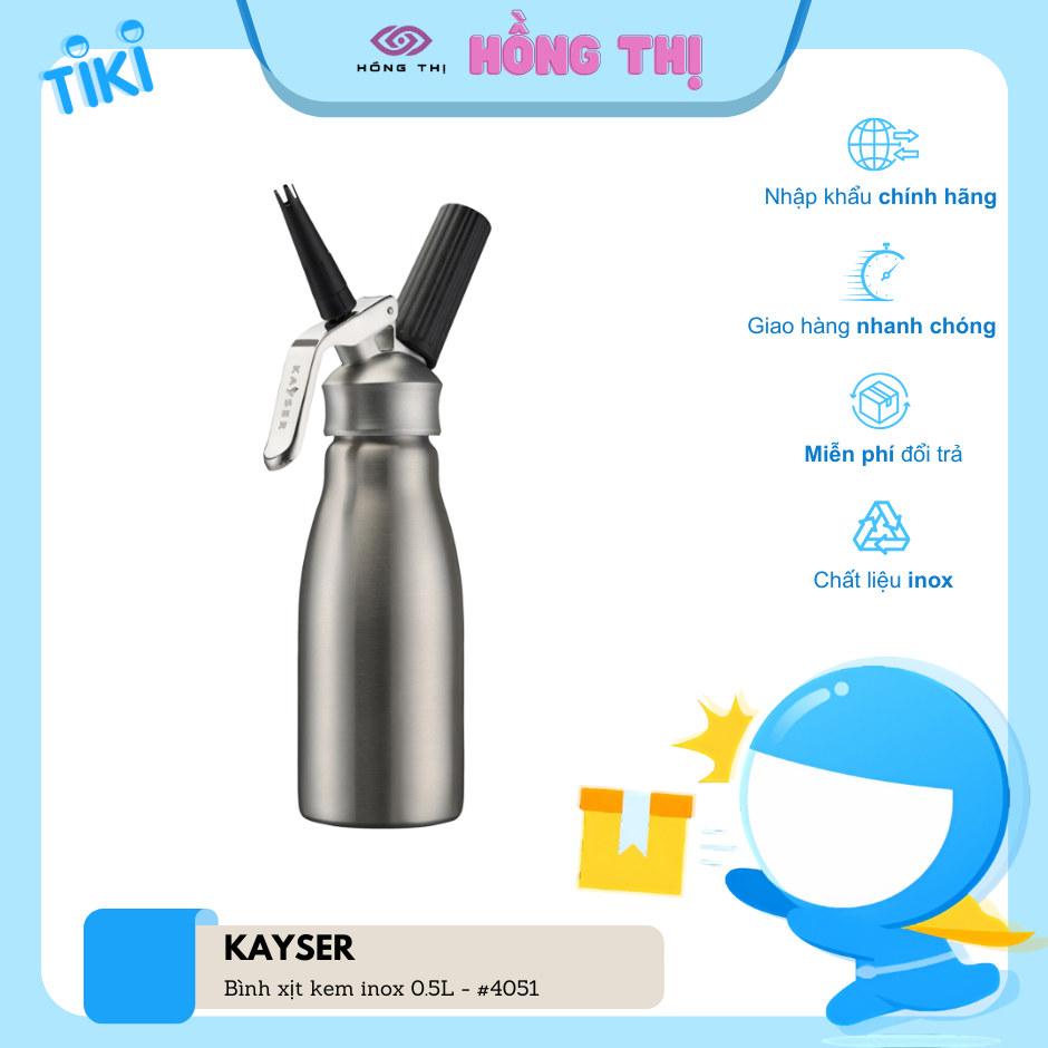 Bình Xịt Kem Tươi bằng Inox hiệu KAYSER dung tích 0.5 Lít mã hàng 4051 (Bình và đầu Inox) - Hàng Nhập Khẩu