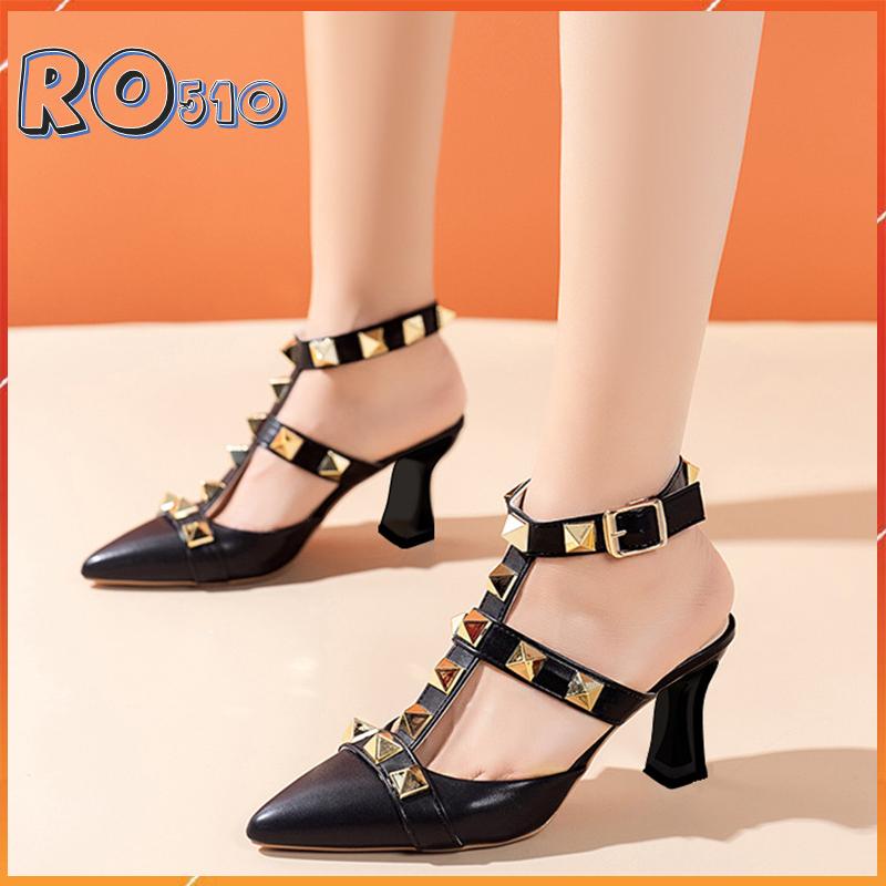 Giày sandal nữ cao gót 6 phân hàng hiệu rosata đẹp hai màu đen nâu ro510