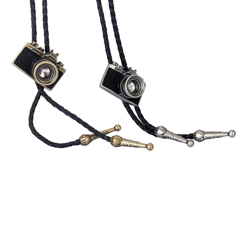 Leather Necktie with Camera Pendant Cord Bolo Tie Rope Necklace for Women and Men