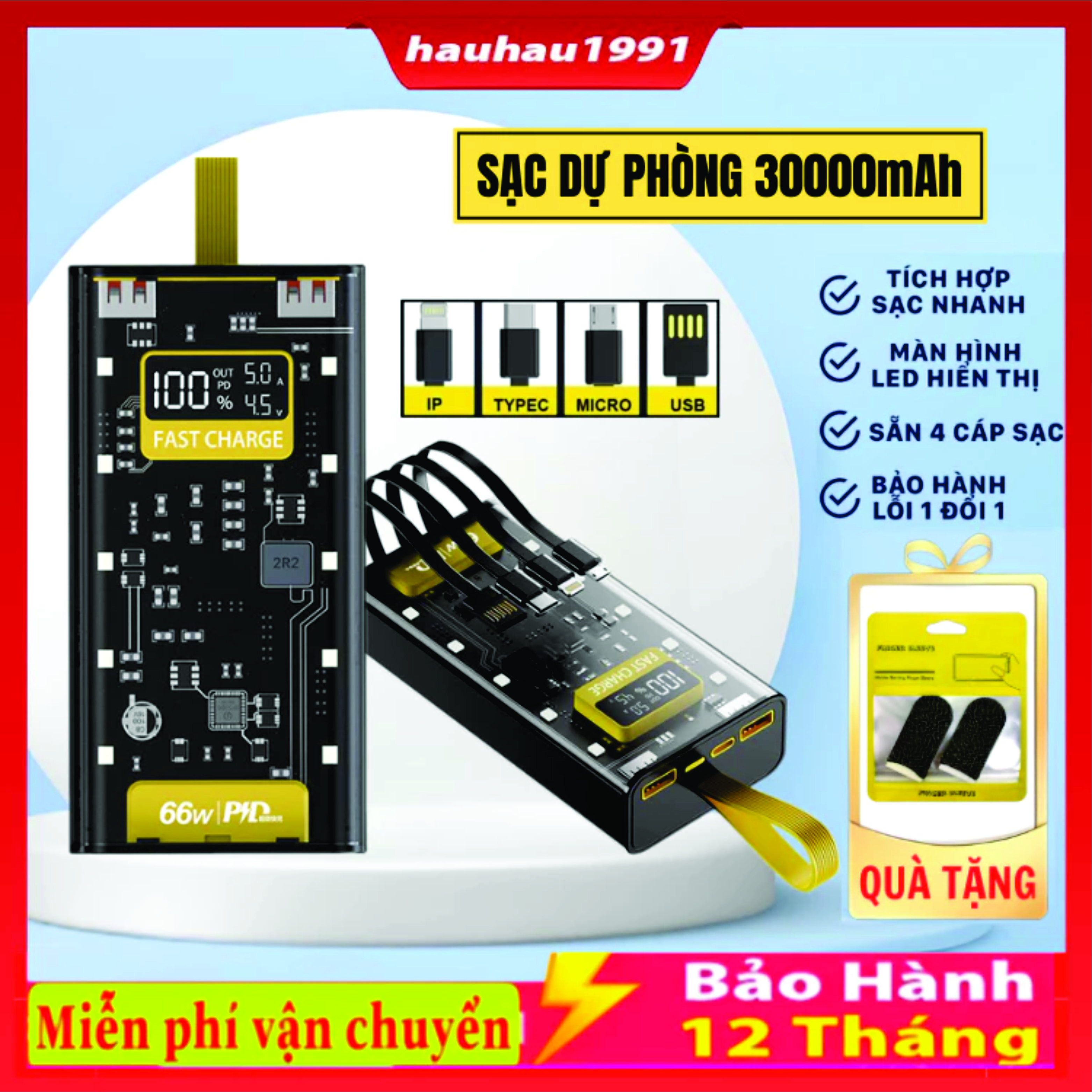 Sạc Dự Phòng 50.000MAH Trong Suốt , Sạc Nhanh PD 66W/20W , Thiết Kế Trong Suốt, Tích Hợp Đèn Ngủ