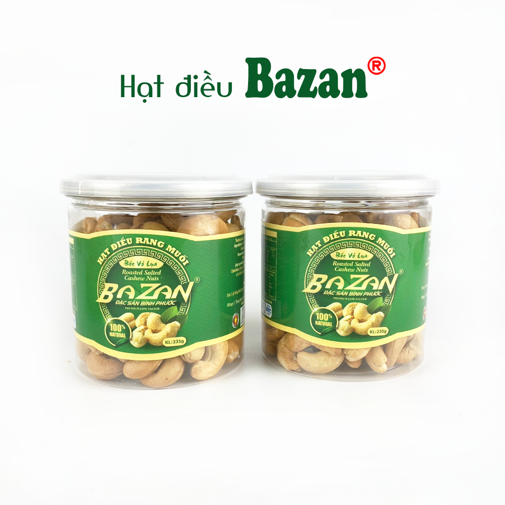 Hạt điều rang muối Bazan Bình Phước nguyên hạt dinh dưỡng A+ loại 1 hộp 235g nắp bật sạch vỏ lụa