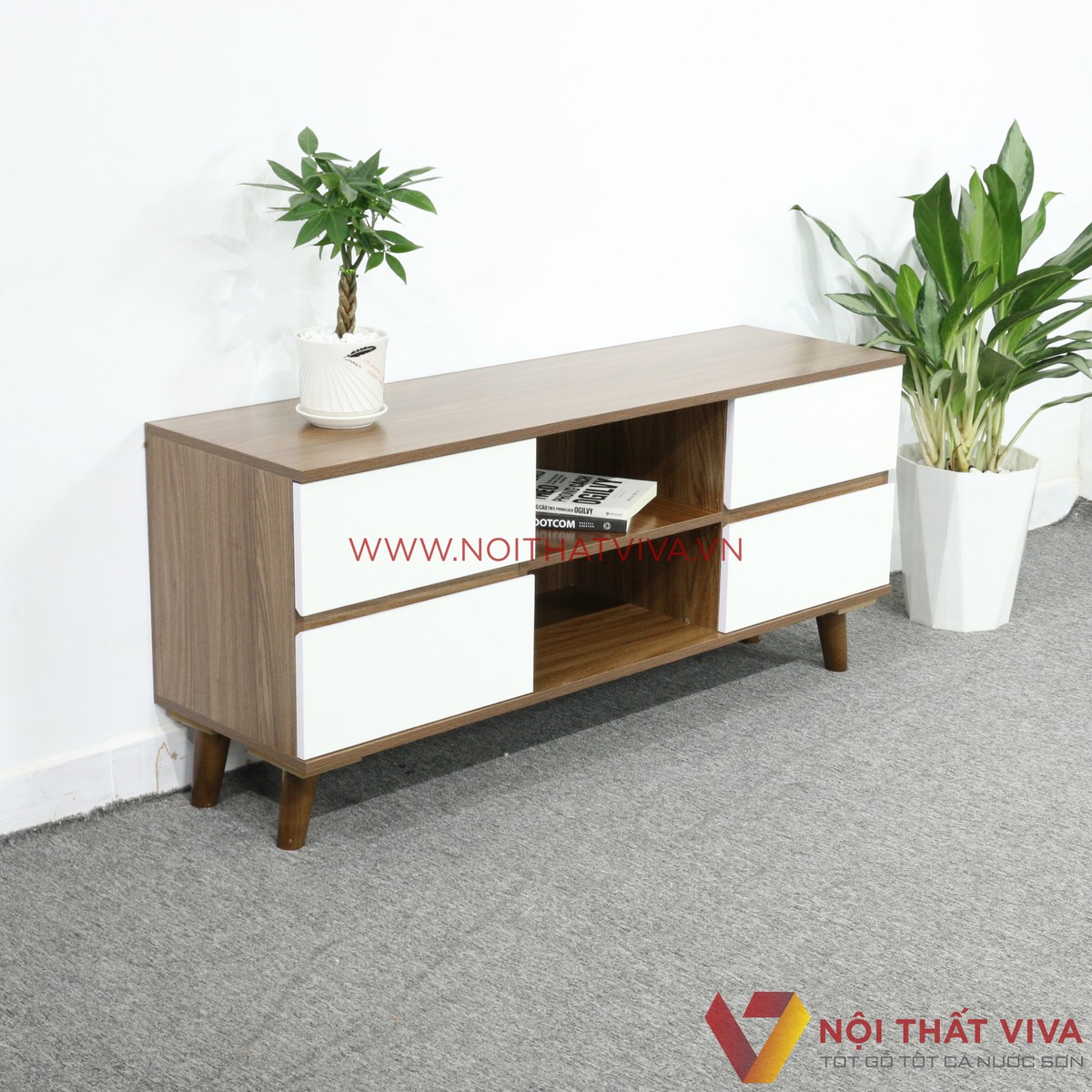 Kệ Tivi Gỗ MDF Melamine Màu Óc Chó Hộc Kéo Trắng Đẹp Hiện Đại