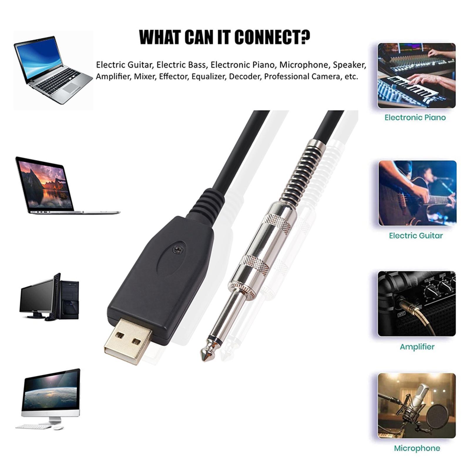 6.5ft USB Guitar Cable Interface Male to 6.35mm 1/4" Mono Male Electric Adapter