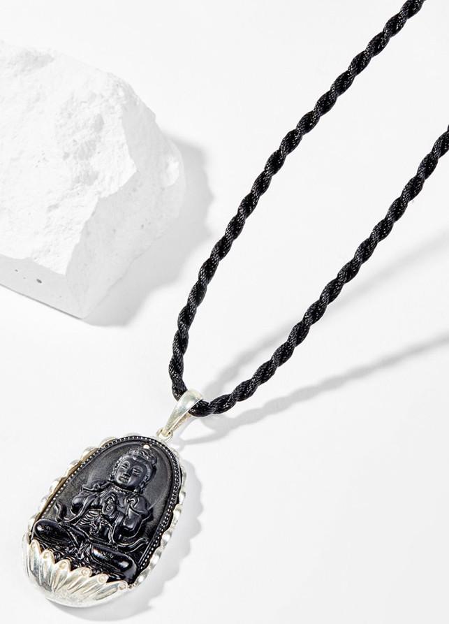 Mặt Dây Chuyền Phong Thủy Đá Obsidian Phật Bản Mệnh Tuổi Mùi,Thân Như Lai Đại Nhật Bọc Bạc Ngọc Quý Gemstones