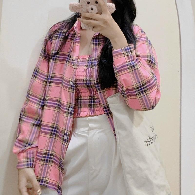 Set Áo Khoác Sơmi Caro Kèm Áo Ống Cute Tay Áo Phồng Ảnh Thật Lung Linh, Áo Sơ Mi Khoác Ngoài Cao Cấp Siêu Đẹp, áo sơ mi sọc tay dài