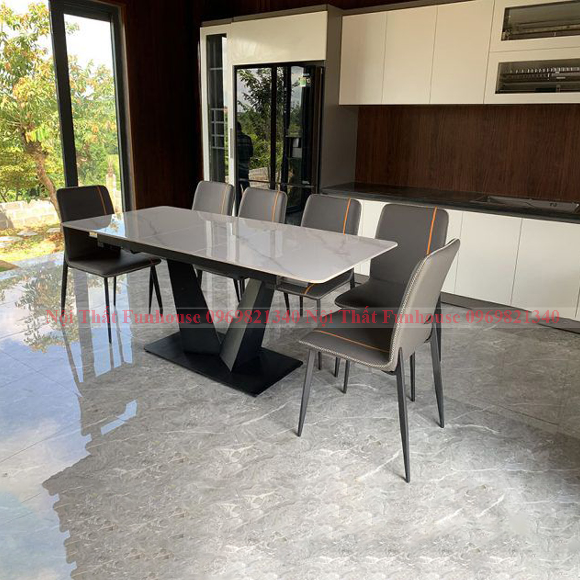 Bộ bàn ăn thông minh 6 ghế Funhouse 1m4 kéo dài 1m6 nhập khẩu mặt đá ceramic phủ bóng chống xước, chân sắt sơn tĩnh điện, ghế dá nhập khẩu - Bảo hành 2 năm
