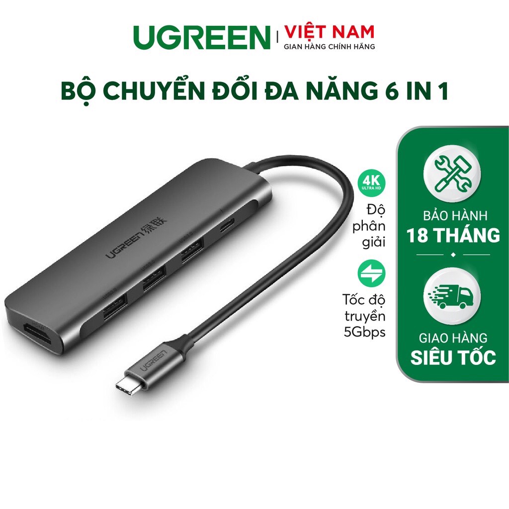 Bộ Chuyển USB C 6 in 1 UGREEN 80132 USB C to 3 USB 3.0+HDMI 4K + Audio 3.5mm hỗ trợ Mic + PD 100W hàng chính hãng