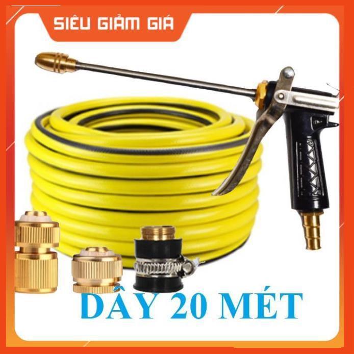 Bộ dây vòi xịt nước rửa xe, tưới cây . tăng áp 3 lần, loại 20m 206318 đầu đồng, cút đồng