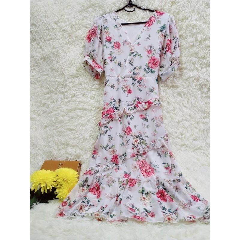 Đầm maxi cổ đắp chéo phối bèo xinh