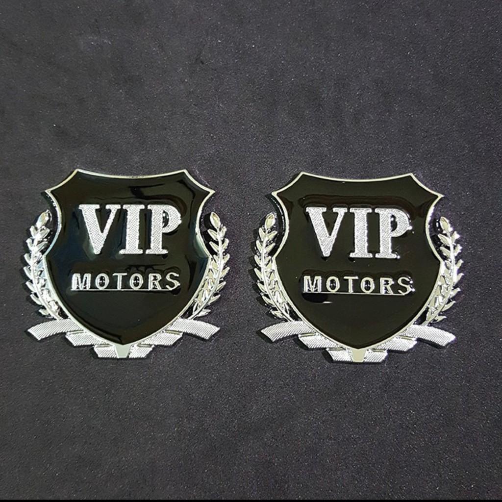 Hai miếng dán logo kim loại chữ Vip Motor bông lúa trang trí ô tô