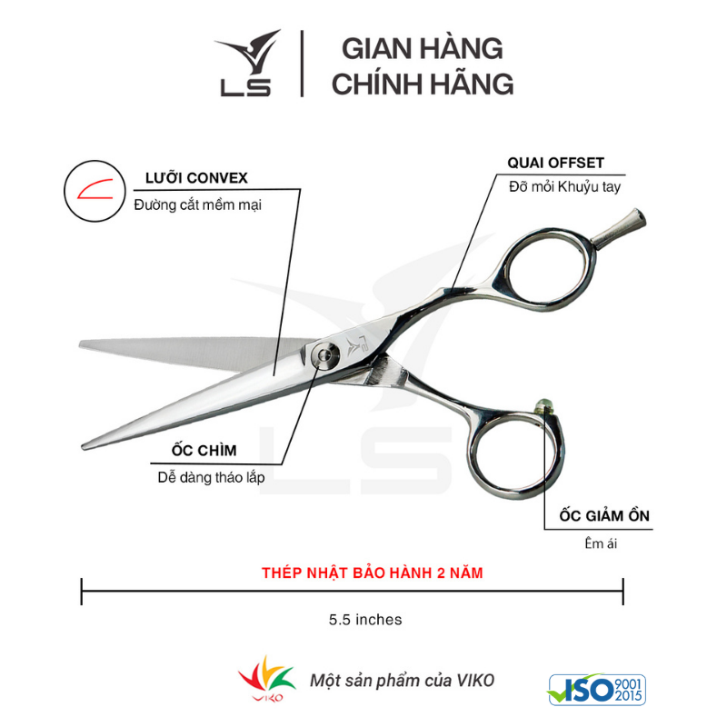 Kéo cắt tóc LS lưỡi thẳng quai offset cân đối xứng đỡ ngón cố định CB15/5.5