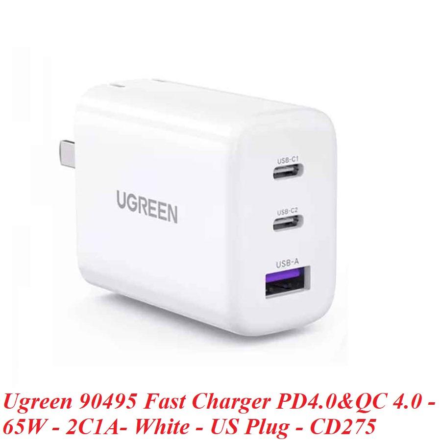 Ugreen UG90495CD275TK 65W Bộ sạc nhanh xe hơi 2cổng USB-C + USB-A PD3.0 QC4.0 Màu Trắng chuẩn cắm US - HÀNG CHÍNH HÃNG