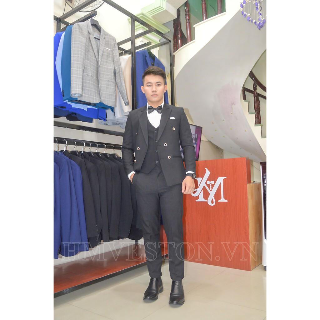 Bộ vest nam màu đen 6 nút + gile đen + combo phụ kiện