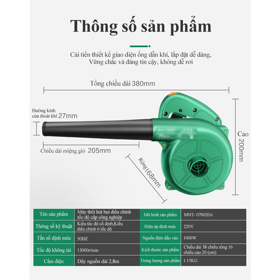 Máy Thổi Hút Bụi Quân Đội (1000W) - Hút khỏe, Thổi khỏe - Có Chỉnh Tốc Độ 6 Cấp