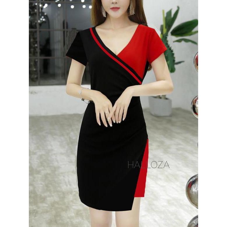 Đầm phối màu đen đỏ vạt chéo bigsize