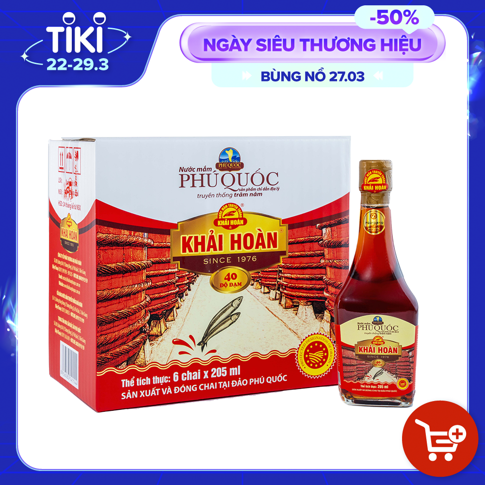 Đặc Sản Phú Quốc - Hộp 6 Chai Thủy Tinh Nước Mắm Phú Quốc Khải Hoàn 40 Độ Đạm (205Ml X 6) - Ocop 5 Sao