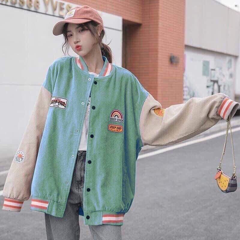 Áo khoác Bomber Nhung Gân phối tay thêu lô gô hot trend, Áo Khoác Bomber Unisex Nỉ Nhung Cao Cấp