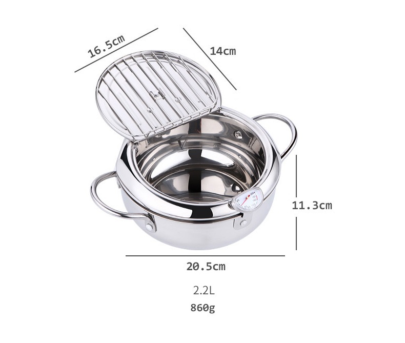 Nồi Chiên Inox Kèm Khay Ráo Dầu Có Đồng Hồ Cảm Biến Nhiệt Kiểm Soát Nhiệt Độ - 20.5x11.3cm, 860g