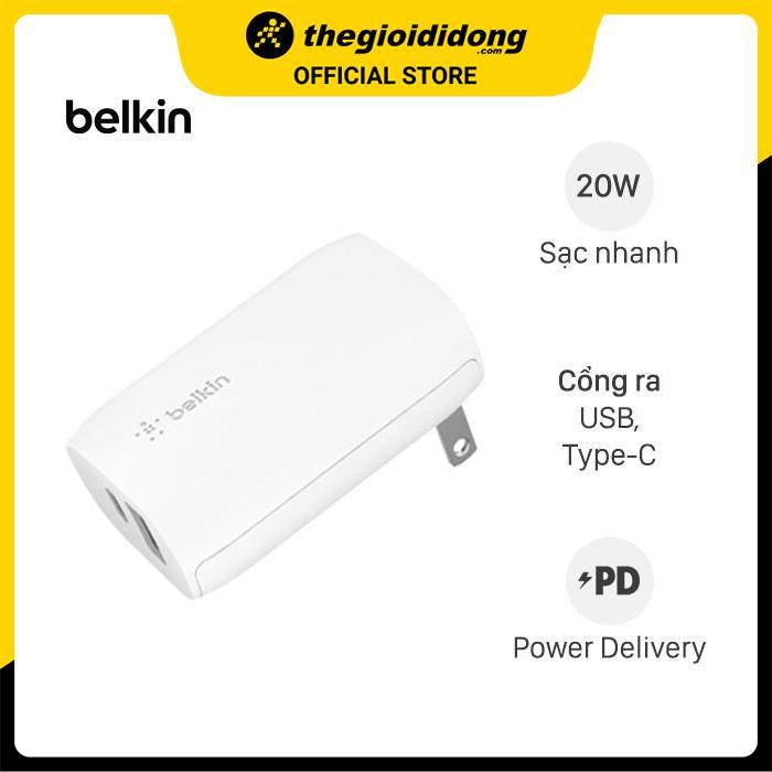 Adapter sạc 2 cổng USB Type C PD 20W Belkin WCB004 Trắng - Hàng chính hãng