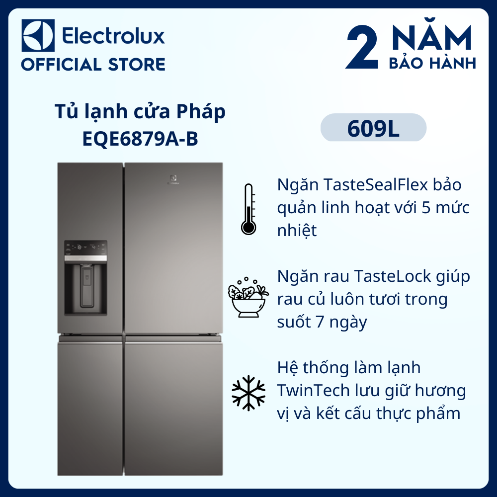 [Freeship] Tủ Lạnh Electrolux Inverter Cửa Pháp 609 Lít - EQE6879A-B - 2 dàn lạnh độc lập, chức năng đông lạnh nhanh, lấy đá nước bên ngoài, khử mùi diệt khuẩn 99,8% [Hàng Chính Hãng]