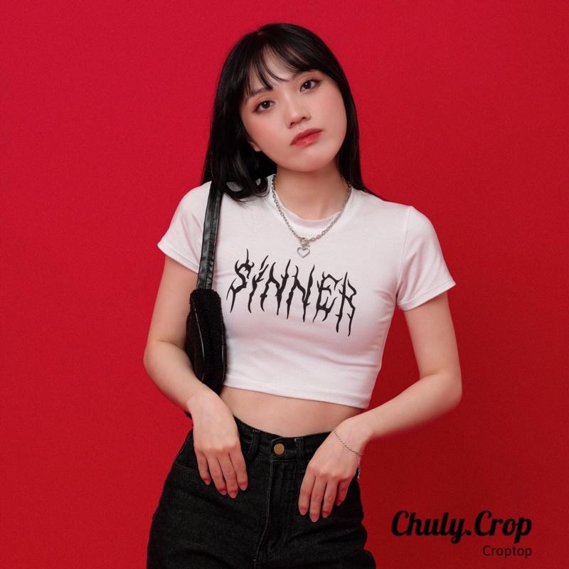 Áo croptop ôm in hình Sinner màu trắng đen dễ mặc dễ phối đồ kèm ảnh thật