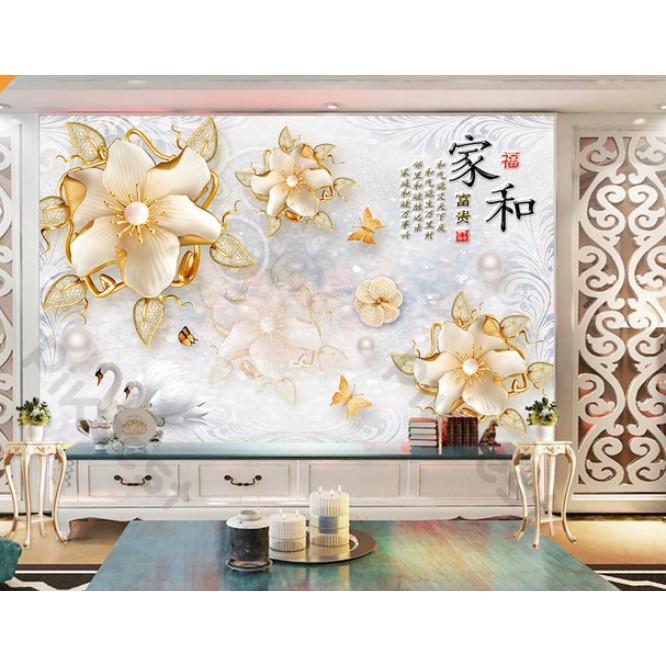 Tranh dán tường Đôi thiên nga và hoa mai vàng Tranh dán tường 3d trang trí phòng hiện đại MS1180614