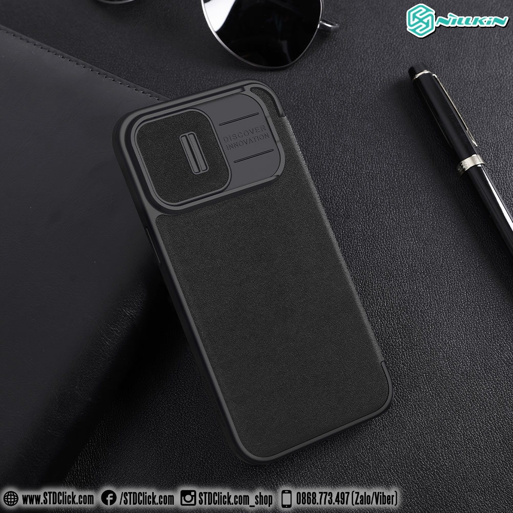 BAO DA DÀNH CHO ĐIỆN THOẠI IPHONE 15 PRO MAX - 15 PRO NILLKIN QIN PRO plain leather + cloth BẢO VỆ CAMERA