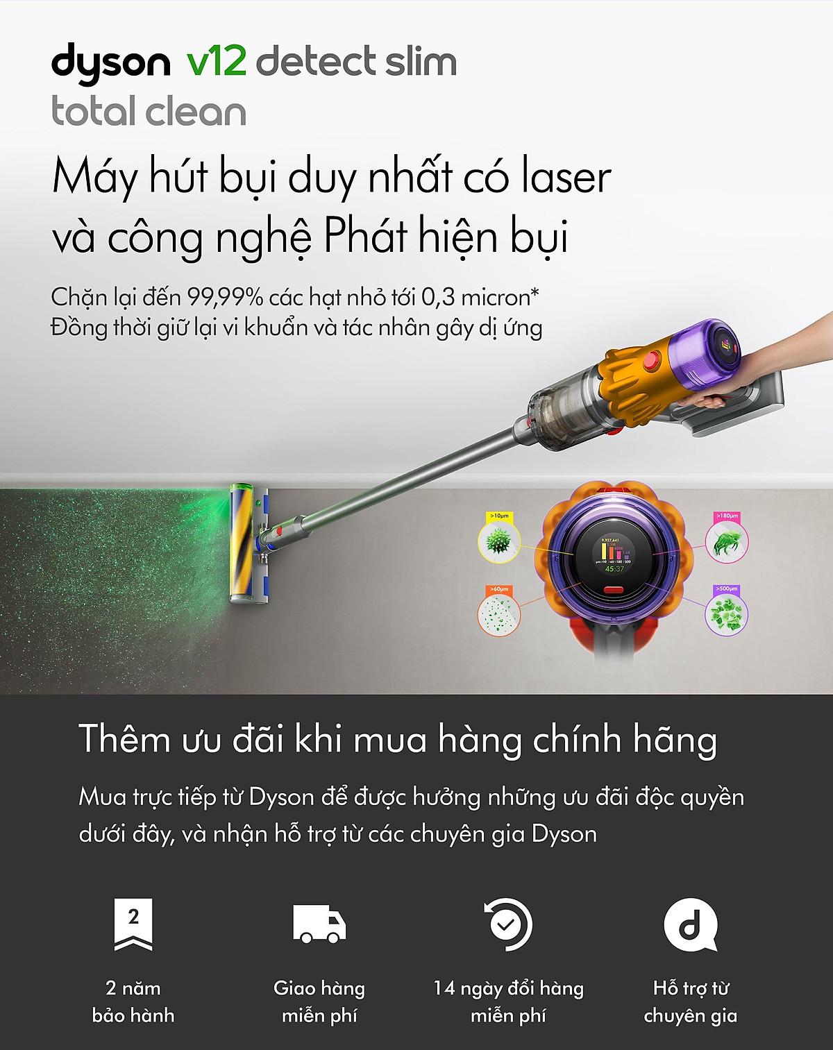 Máy Hút Bụi Dyson V12 Detect Slim Total Clean, Máy Hút Bụi Cầm Tay Không Dây, Nhiều Đầu Hút, Công Suất Lớn, Nhập Khẩu