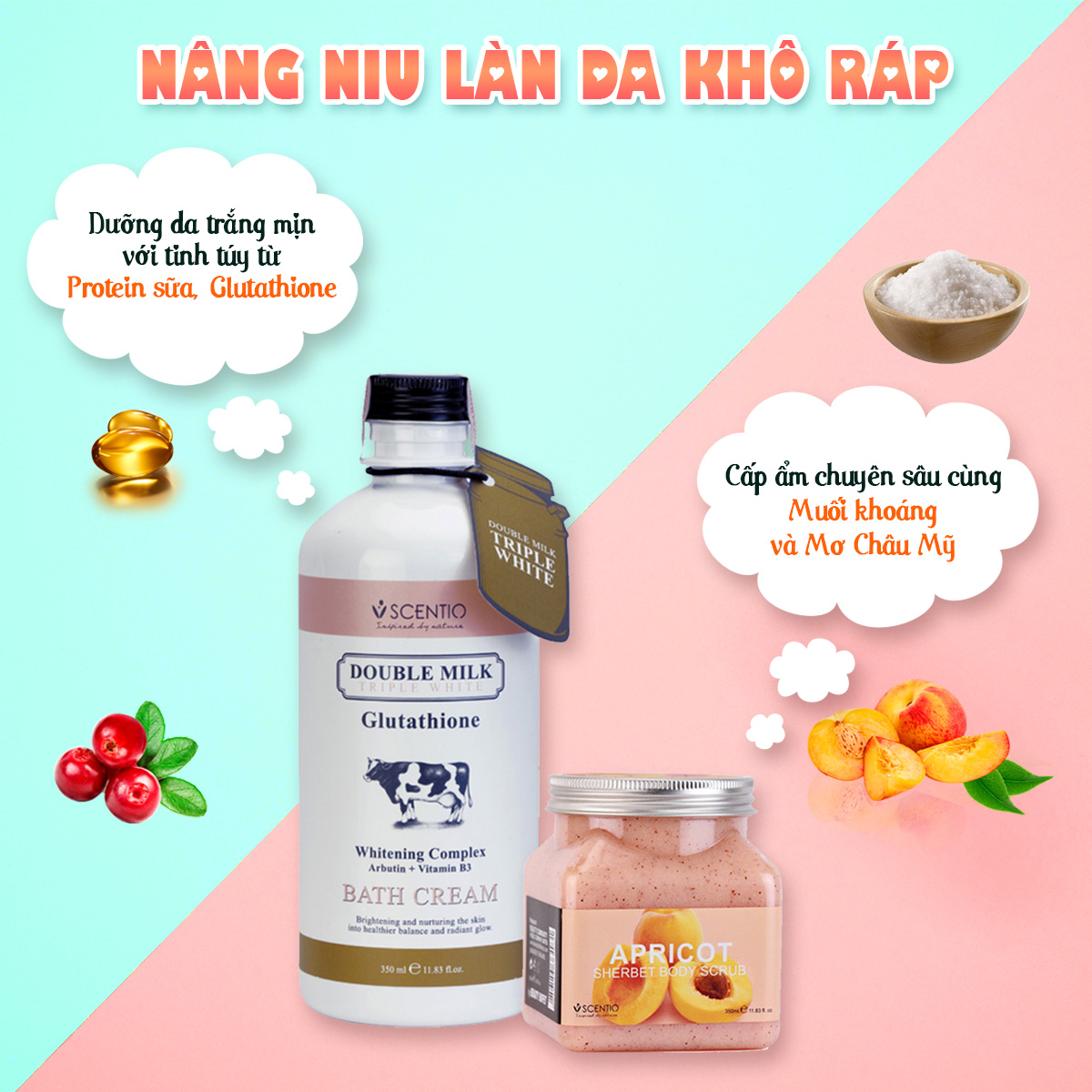 Combo Sữa Tắm Trắng Da Double Milk Và Tẩy Tế Bào Chết Body Dưỡng Ẩm Hương Mơ Scentio Apricot 350ml