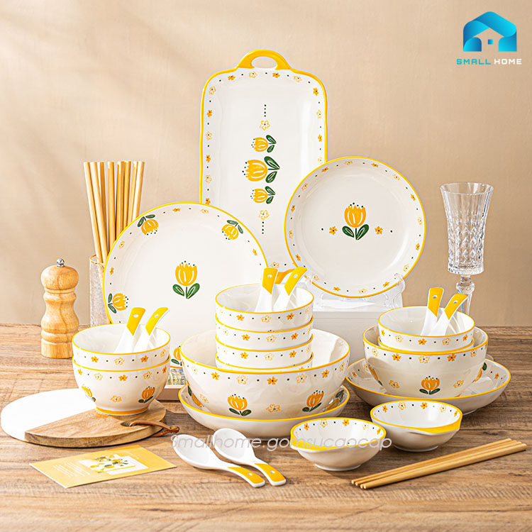 Bộ đồ ăn Hoa Tulip 29 món bằng sứ cao cấp, thiết kế hoa văn Bắc Âu nhẹ nhàng sang trọng.