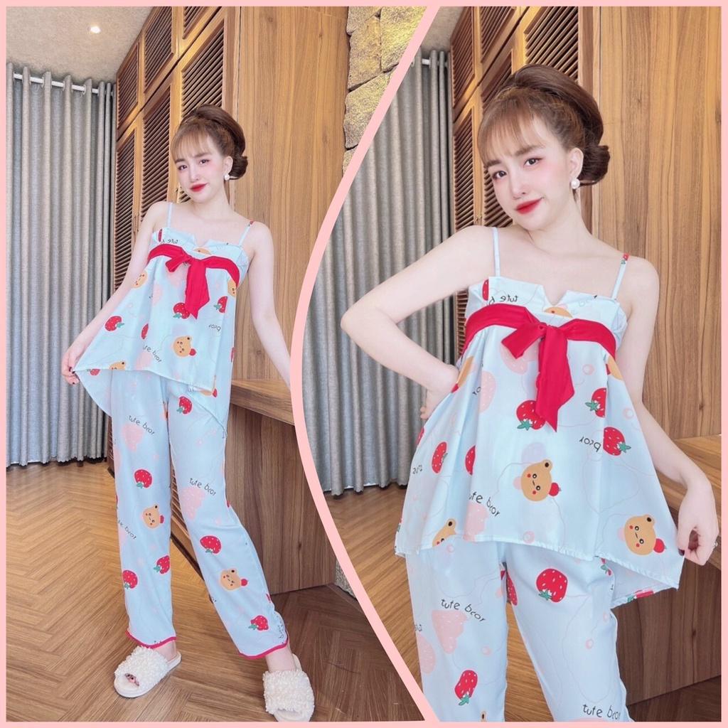 ĐỒ BỘ QUẦN DÀI Sét đồ ngủ hai dây áo nơ lụa satin quần dài lua cao cấp freesize 58kg