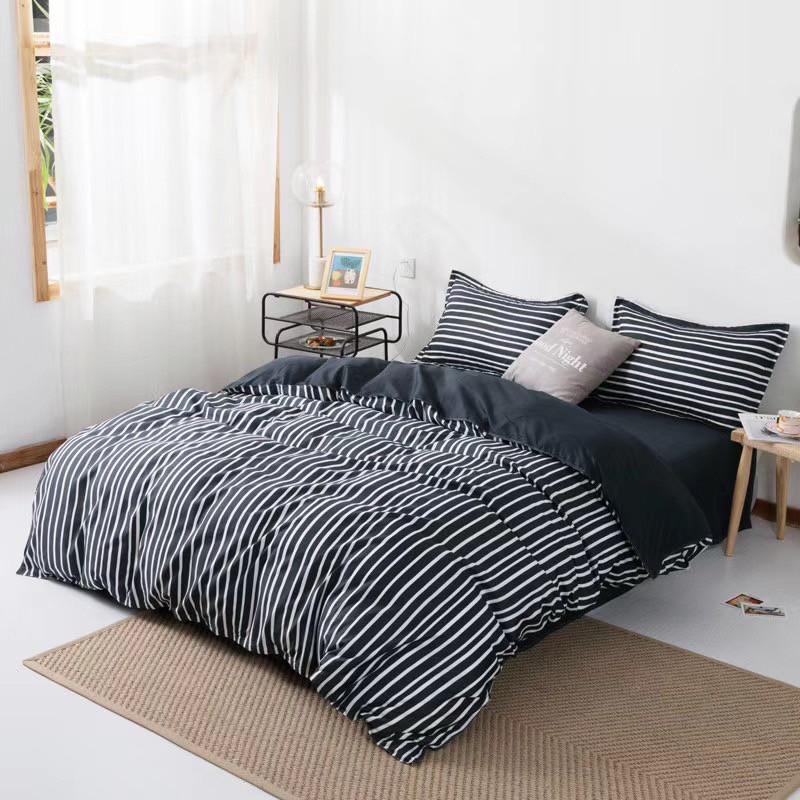 Bộ chăn ga gối phong cách Hàn Quốc sọc trắng đen bo chun đủ kích thước