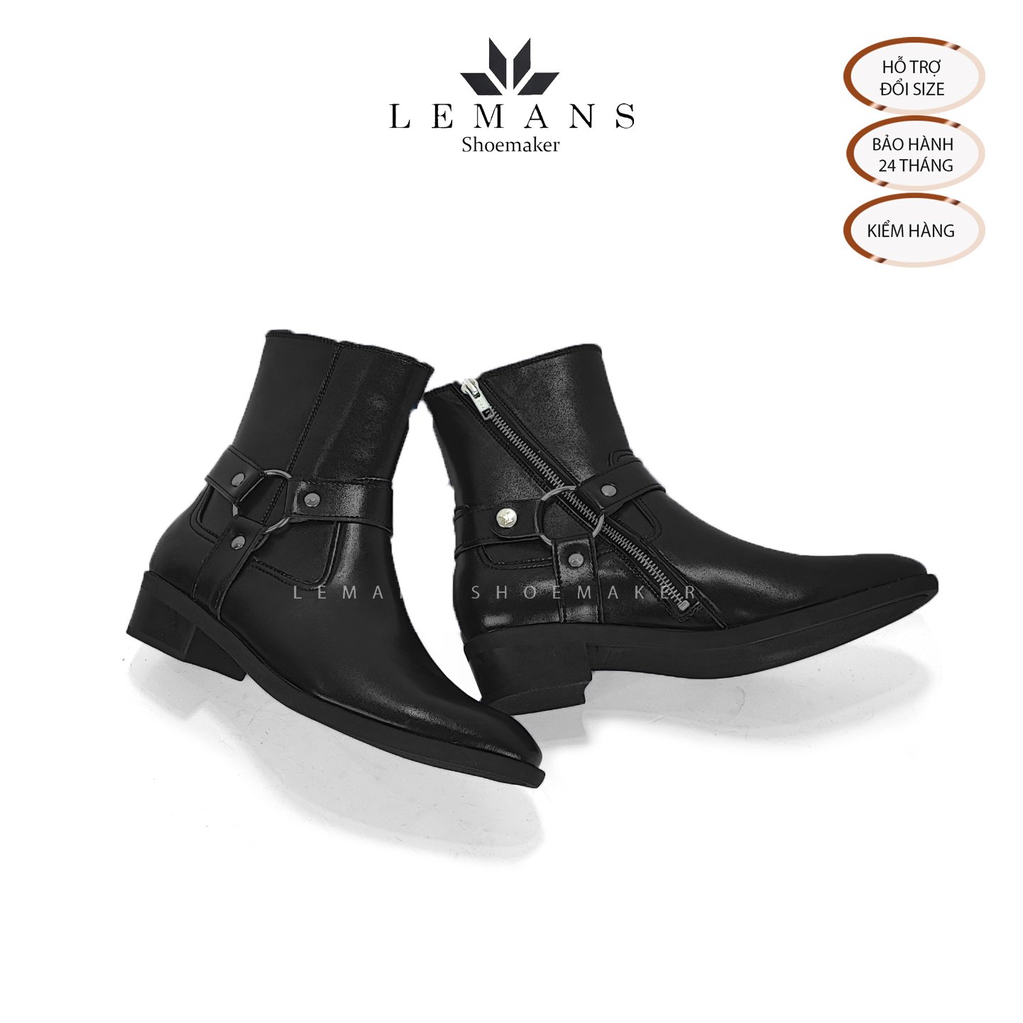 Giày da bò Harness Boots LeMans, gót cao 6cm vân phíp gỗ, khóa kéo YKK, logo gầm độc quyền, bảo hành 24 tháng