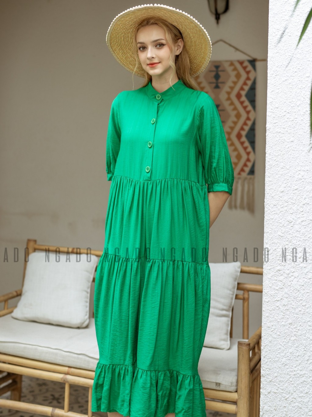 Đầm xanh lá tay lửng NGADO