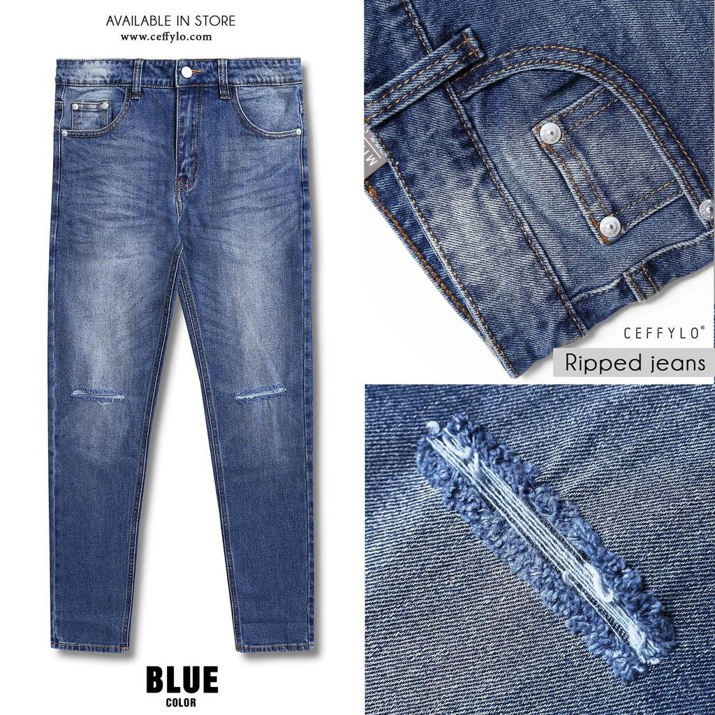 Quần Jeans rách gối Xanh Đậm nam form slimfit CEFFYLO , chất Jean thun co giãn nhẹ