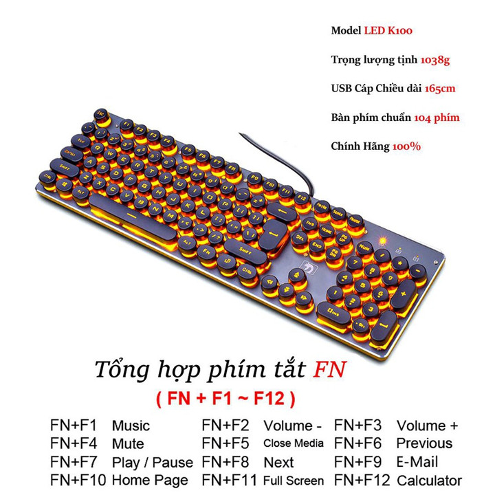 Bàn Phím Có Dây Cao Cấp -K-100- Dành Cho Học Sinh, Sinh Viên, Văn Phòng Có Đèn Led - Hàng Nhập Khẩu