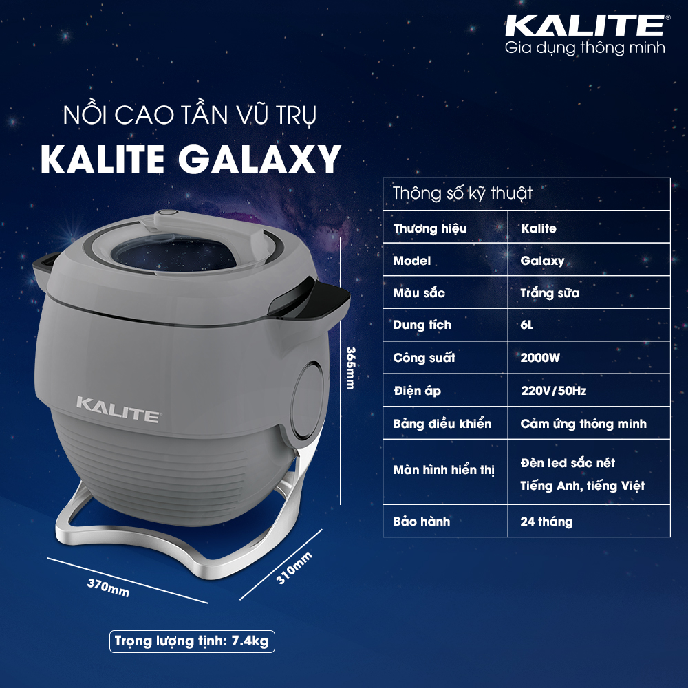 Nồi cao tần vũ trụ Kalite Galaxy, chiên xào đa năng, dung tích 6L, công suất 2000W, chế độ đảo tự động, nấu chậm chân không, nấu cơm, bảng điều khiển tiếng Việt, hàng chính hãng