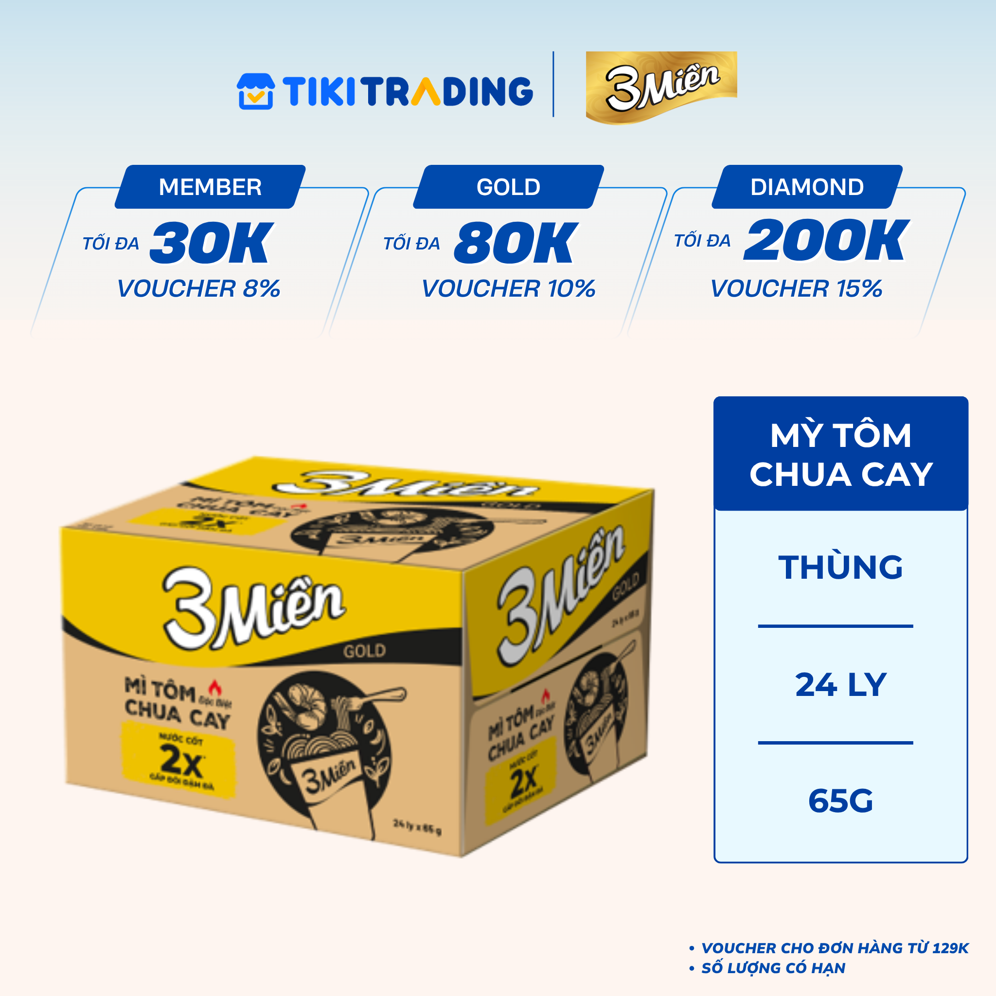 Thùng 24 Ly Mì Ly Tôm Chua Cay Đặt Biệt Reeva 3 Miền Gold 65G