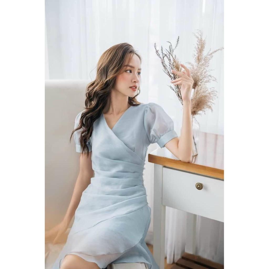 Đầm Cổ V Xếp Ly Eo Đính Hạt Cao Cấp (Màu Xanh