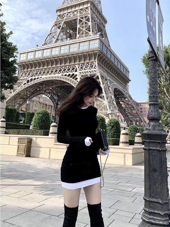 Đầm thun ôm phối màu đen trắng tôn dáng