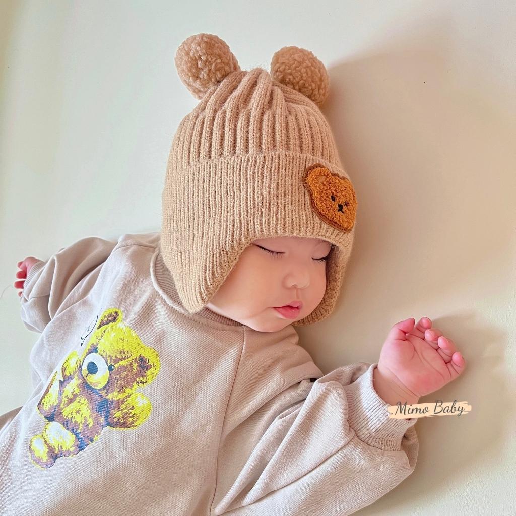 Mũ nón len bịt tai mùa đông cho bé đính hình gấu tai bông dễ thương ML214 Mimo Baby