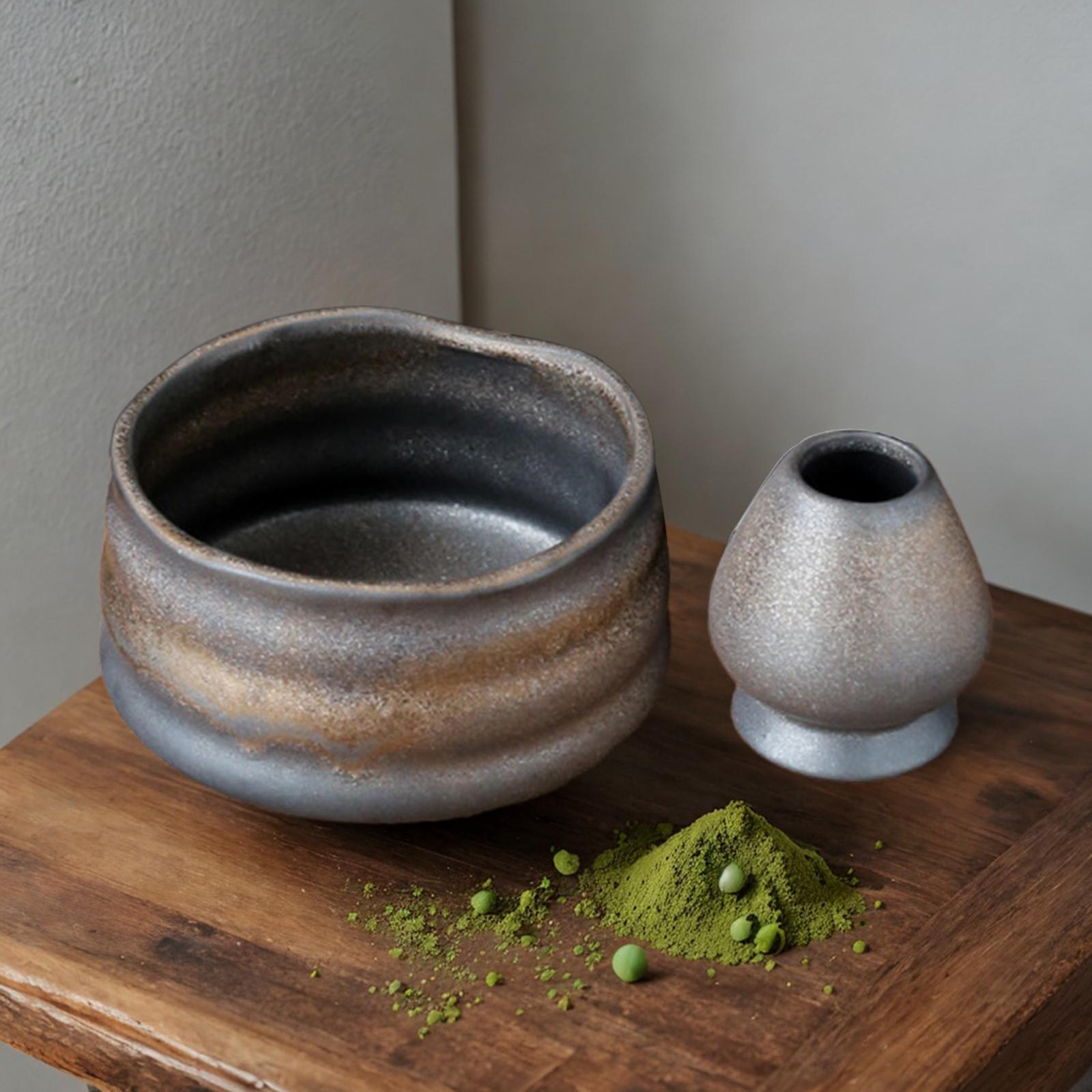 Ceramic Matcha Bowls with Whisk Holder Handmade for Office Dining Room Party